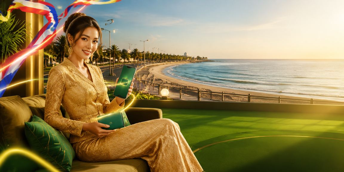 Pengguna wanita Malaysia membuat deposit dalam talian menggunakan telefon pintar di Kuantan dengan pakaian kebaya